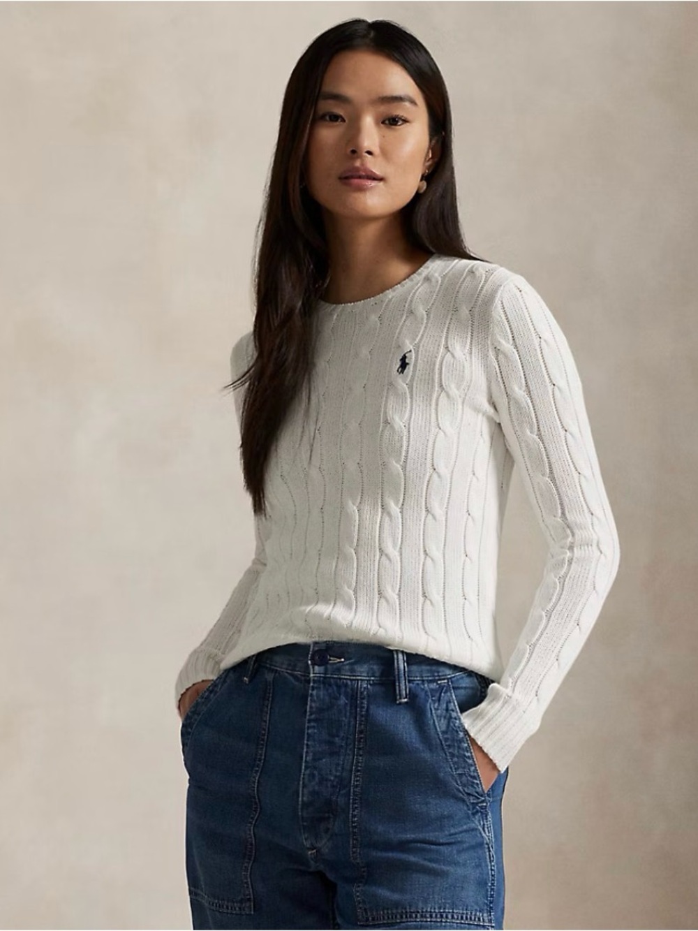 Polo Ralph Lauren White Cable Knit Cotton Crewneck Sweater Medium Preppy Classic - Picture 8 of 8